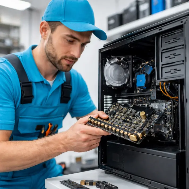 Мастер устанавливает звуковую карту на ПК в Барнауле